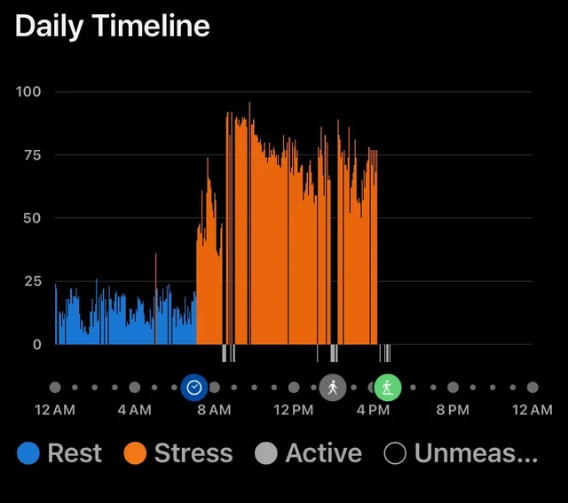 Visualization of daily stress patterns showing fluctuating levels from morning to evening